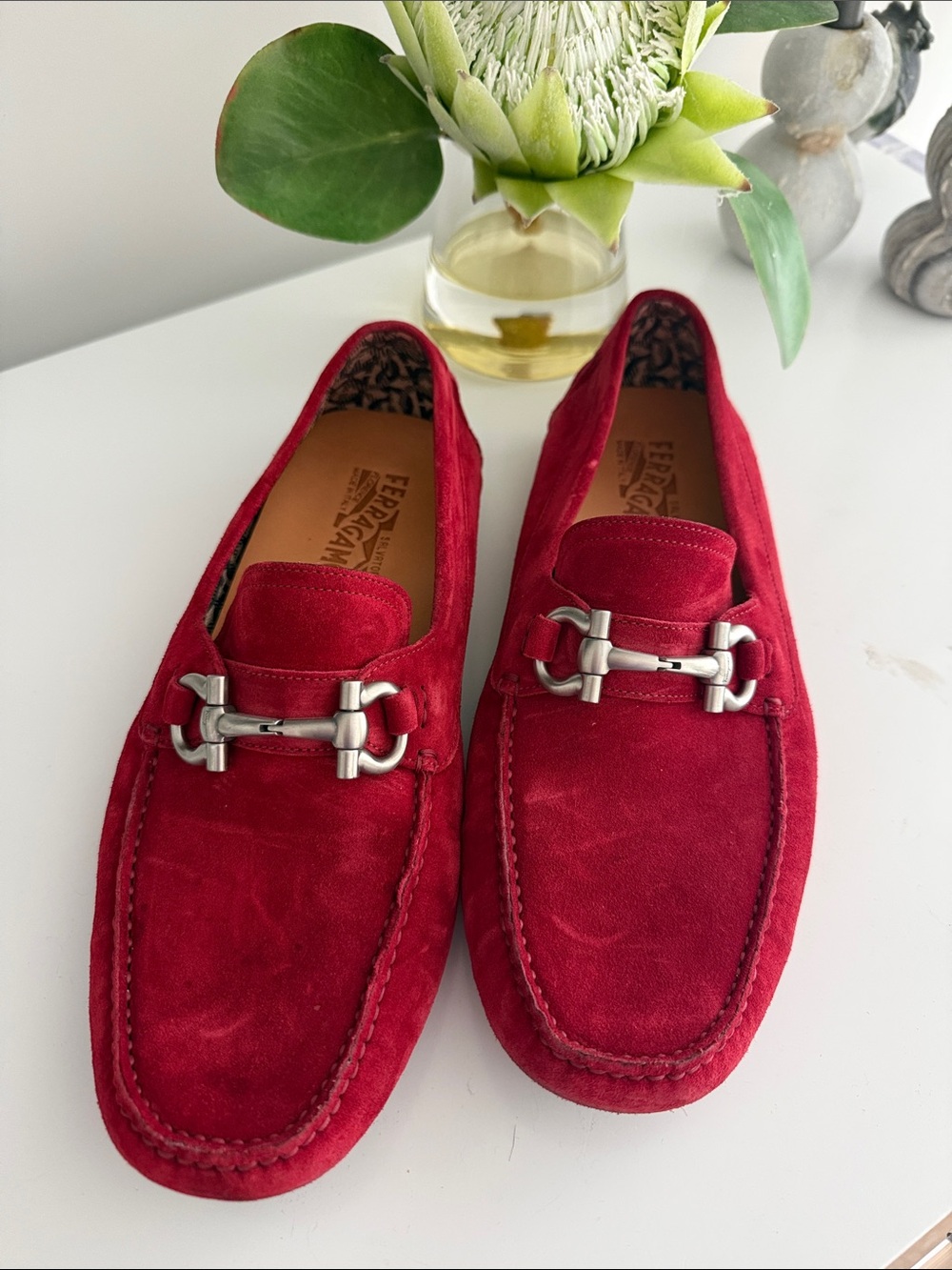 Salvatore Ferragamo Red Suede Bit-Detail Slip-On Loafers